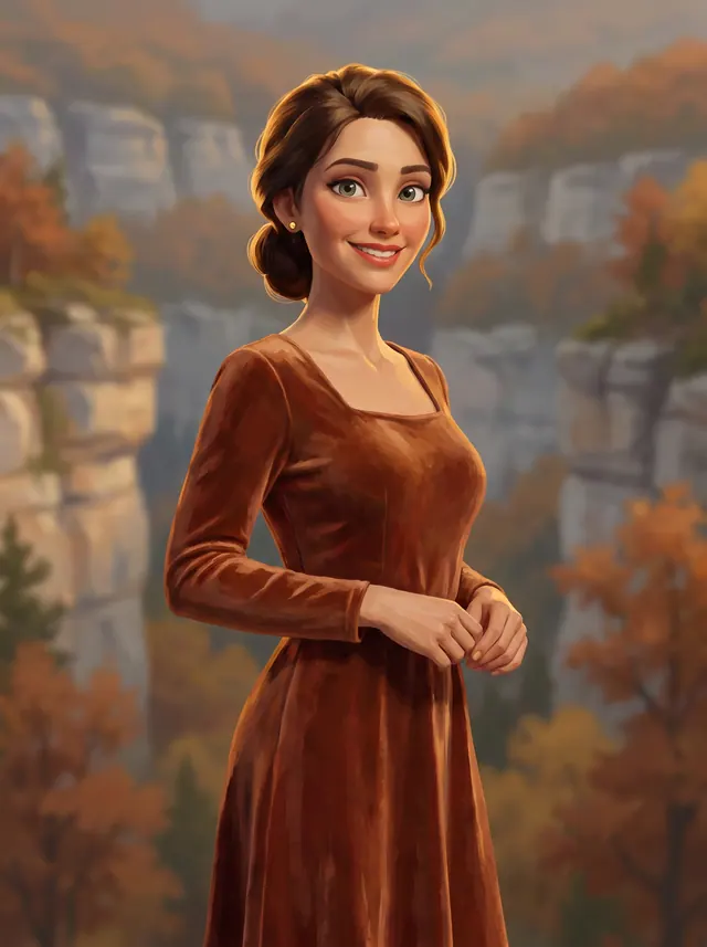 Clara Novak, author of Year by Year, a drawn character in a rust velvet dress